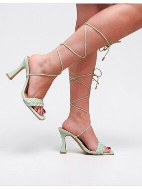 Strappy Mint Green Lace-Up Heeled Sandals With Braided Front Design Square Toe A
